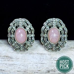 🎉HP🎉 Vintage Rose Quartz and Marcasite Oval Clip on Earrings